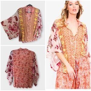 NEW Anthropologie Aratta Silent Journey Roses Shirt, boho sheer sleeves, small